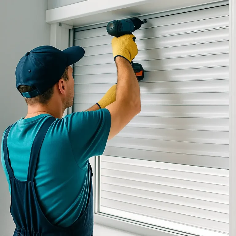 Hombre en guantes amarillos ajustando una persiana con un taladro.